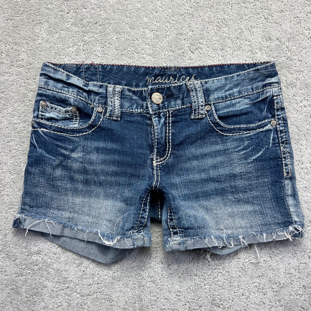 Maurices Denim Shorts‎ Womens 7/7 Blue Stretch Cut Off Distressed Grunge Y2K